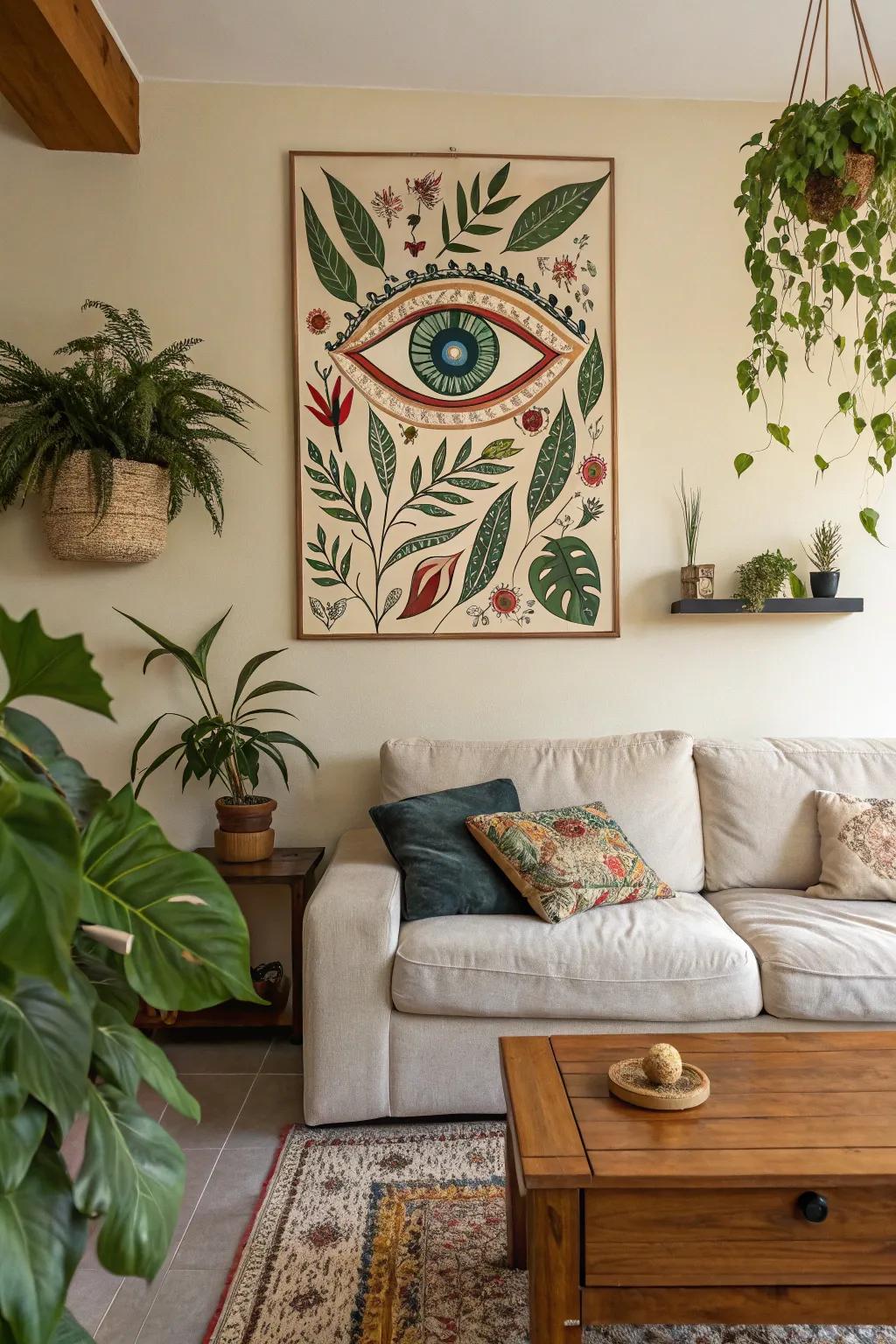 A serene eye painting incorporating botanical motifs that enhances the natural sensation of the space.