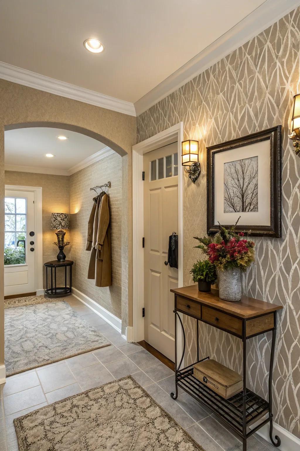 Fabric wallpaper incorporating neutral textures offers an understated sense of sophistication.