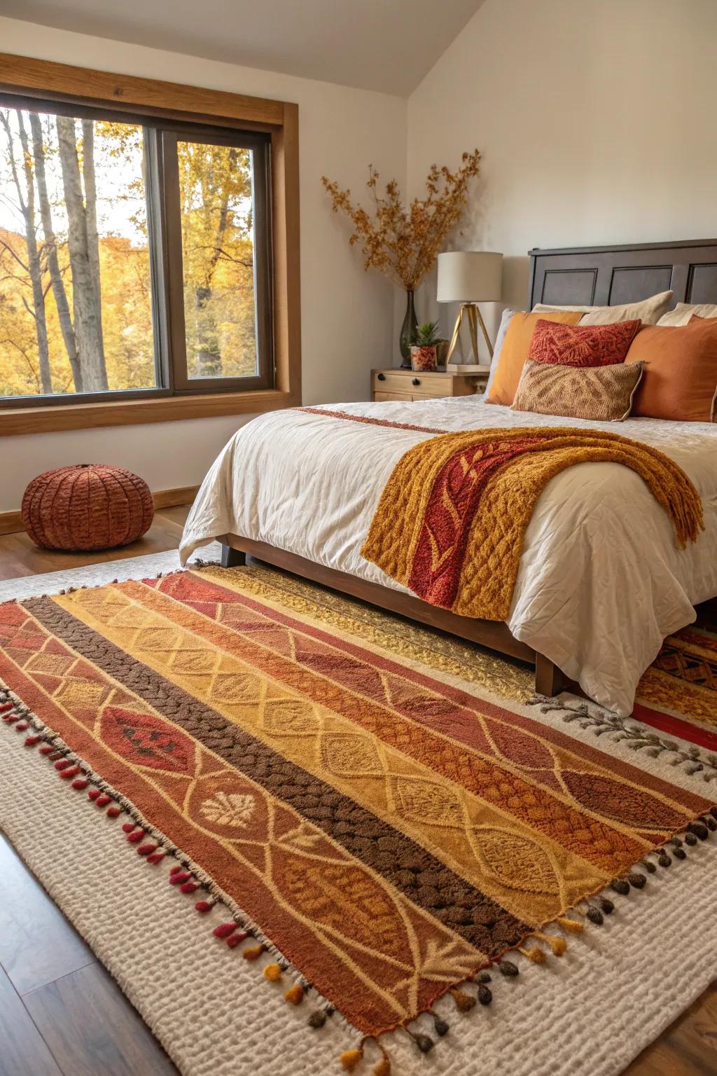 Layered rugs incorporate tactile quality and warmth to your bedroom floor.
