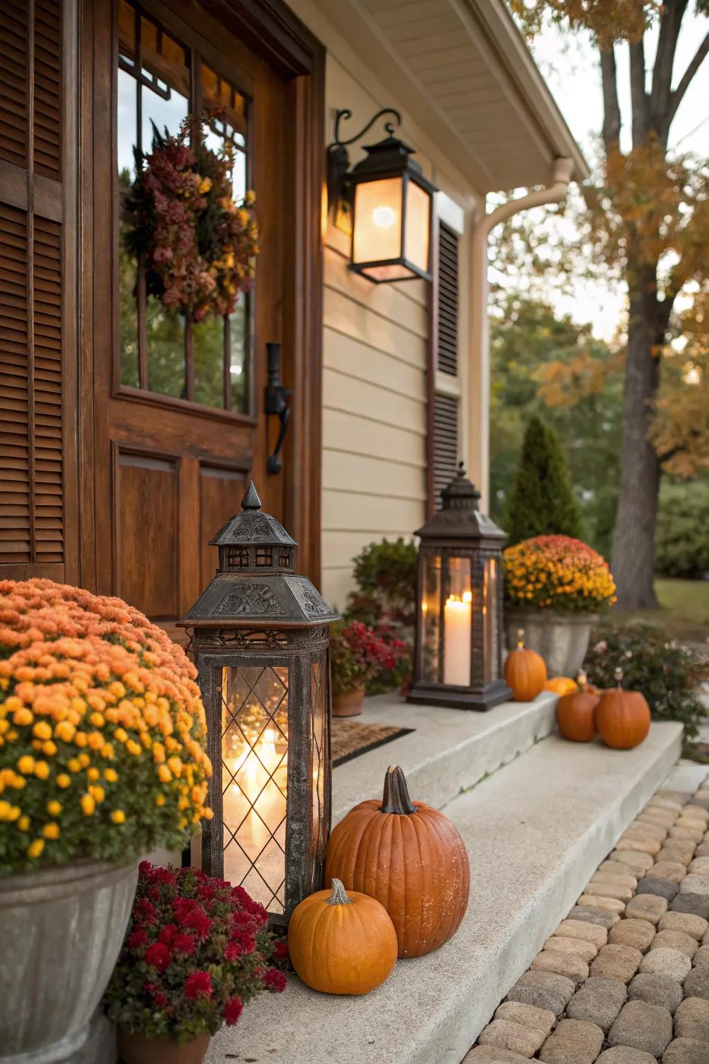 Antique lanterns enhance the warmth and appeal of your fall porch decor.