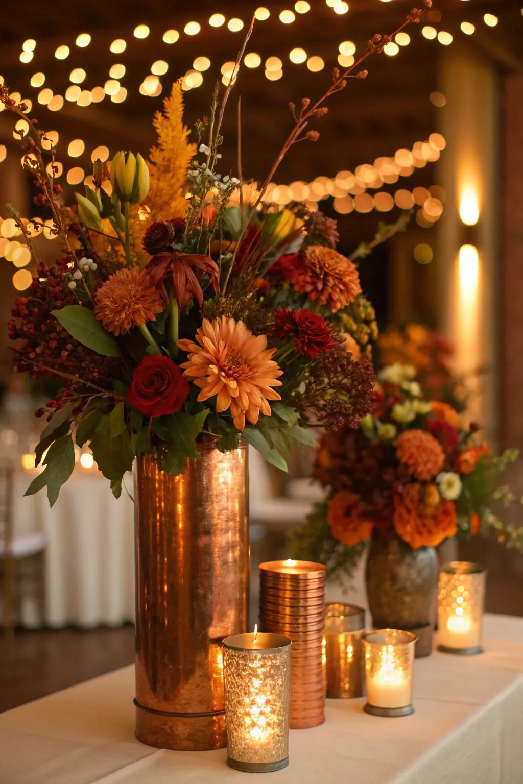 Copper vases combined with autumn blooms bring warmth to this fall marriage table.
