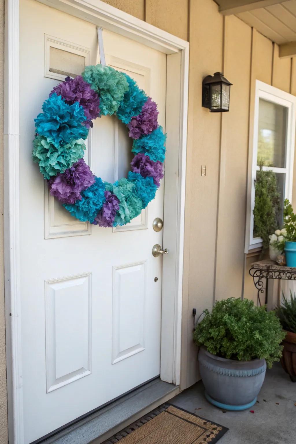 Pigmented percolate strainers fashion a colorful and textured wreath.