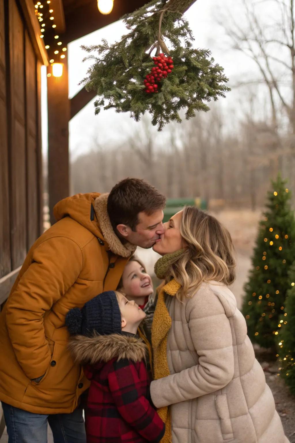 A mistletoe moment adds a touch of romance to your family photograph.