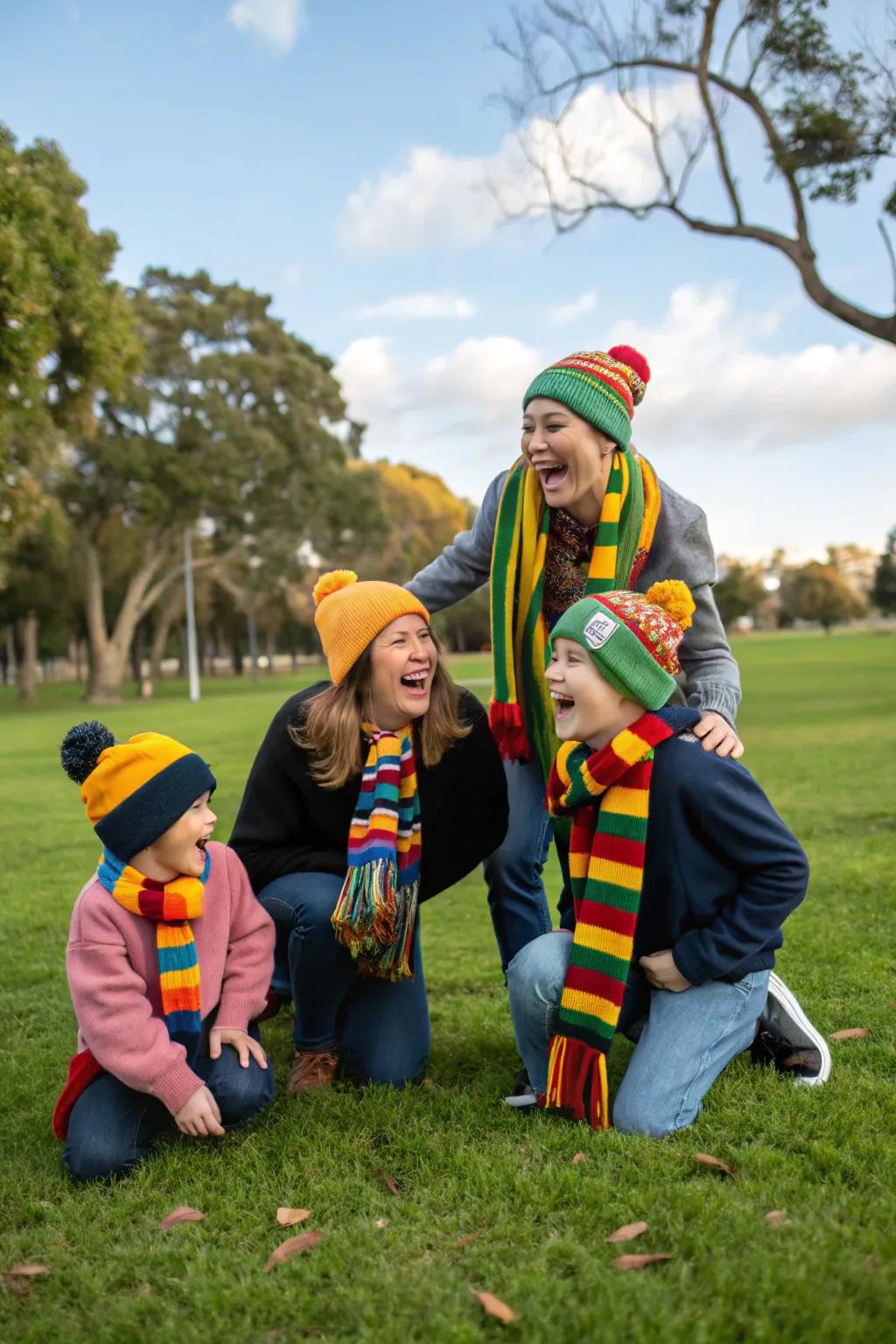 Neck wraps and headwear impart a trace of hue and character to seasonal family images.