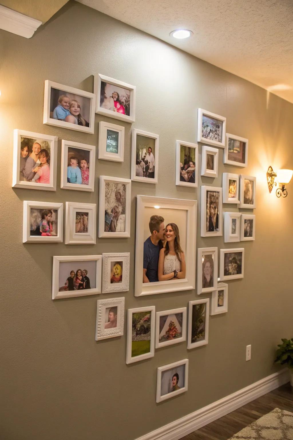 A playful heart-shaped arrangement of family photographs on the wall.