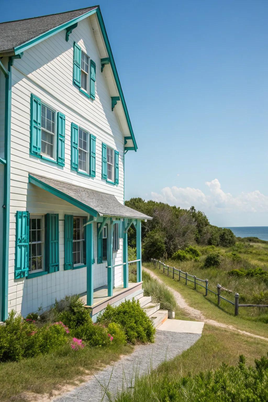 Turquoise accents convert this farmhouse into a coastal escape.