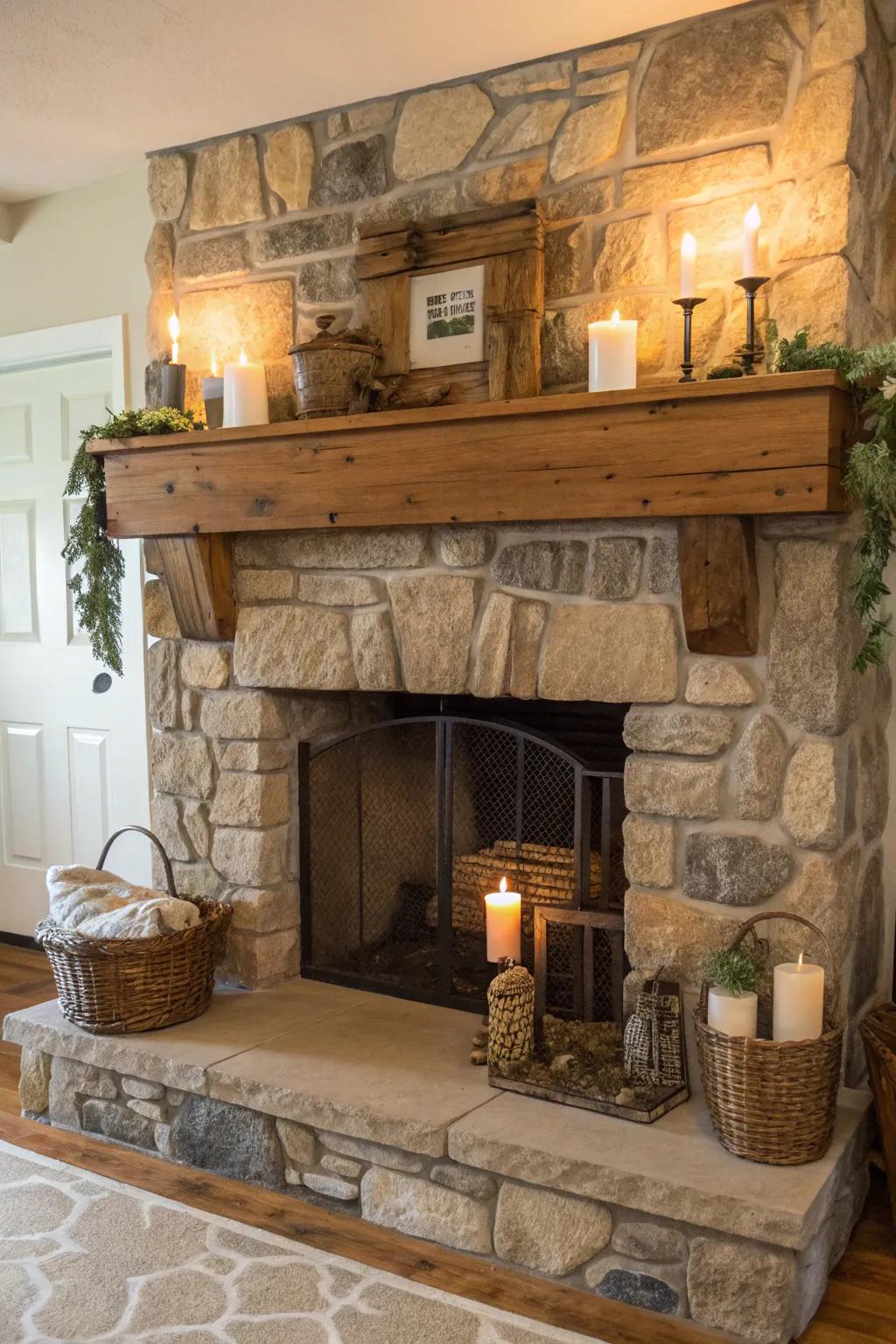 A weathered timber mantel complementing a farmhouse fireplace.