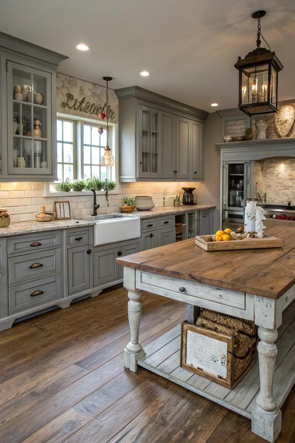 Cool anthracites introduce sophistication and calm to a farmhouse kitchen.