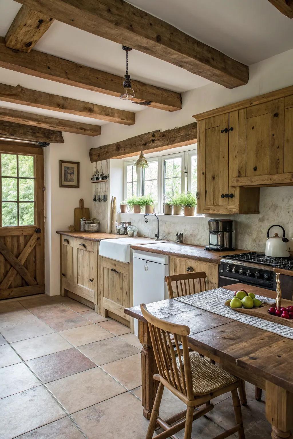 A farmhouse kitchen showcasing repurposed timber accents.