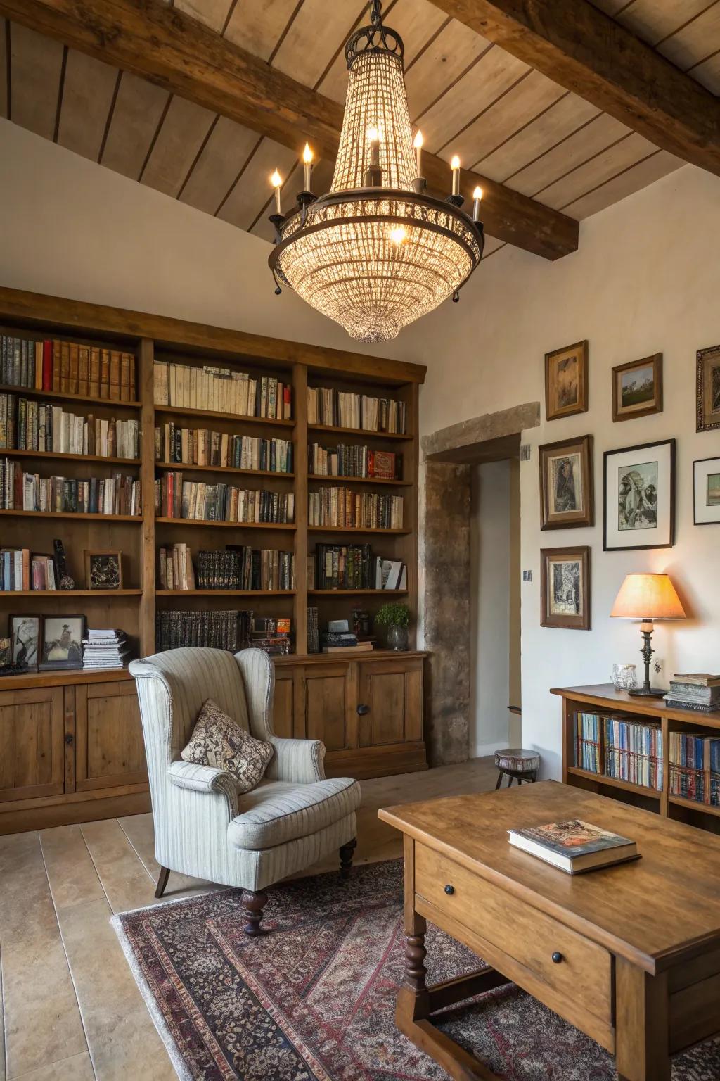 A striking chandelier contributes refinement and becomes a central element.