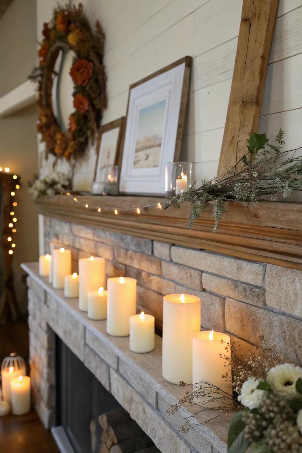 Tower lights of varied heights introduce warmth and coziness to the mantel.