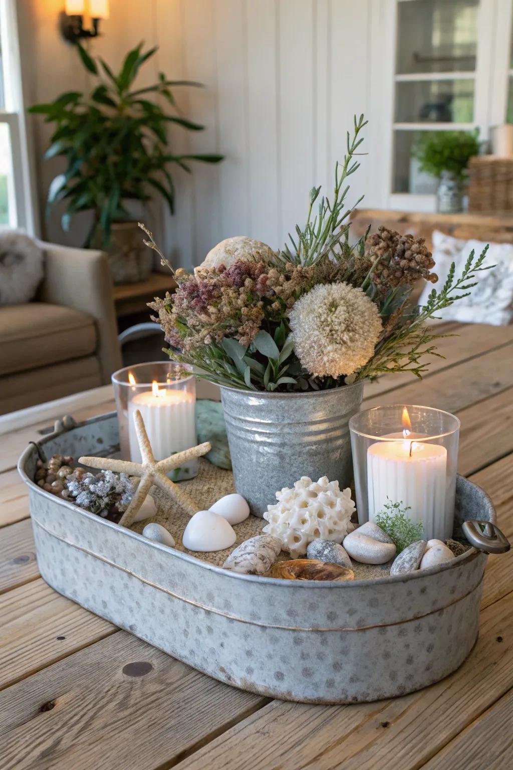 A galvanized metal tray incorporates an elegant flair into your farmhouse décor.