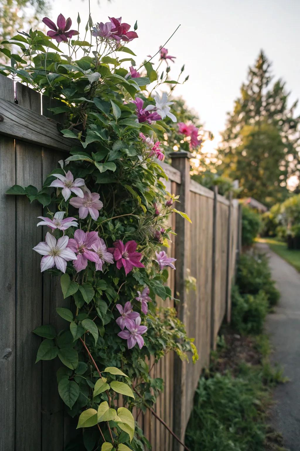Clematis vines infuse vibrant coloration and texture into fencing structures.