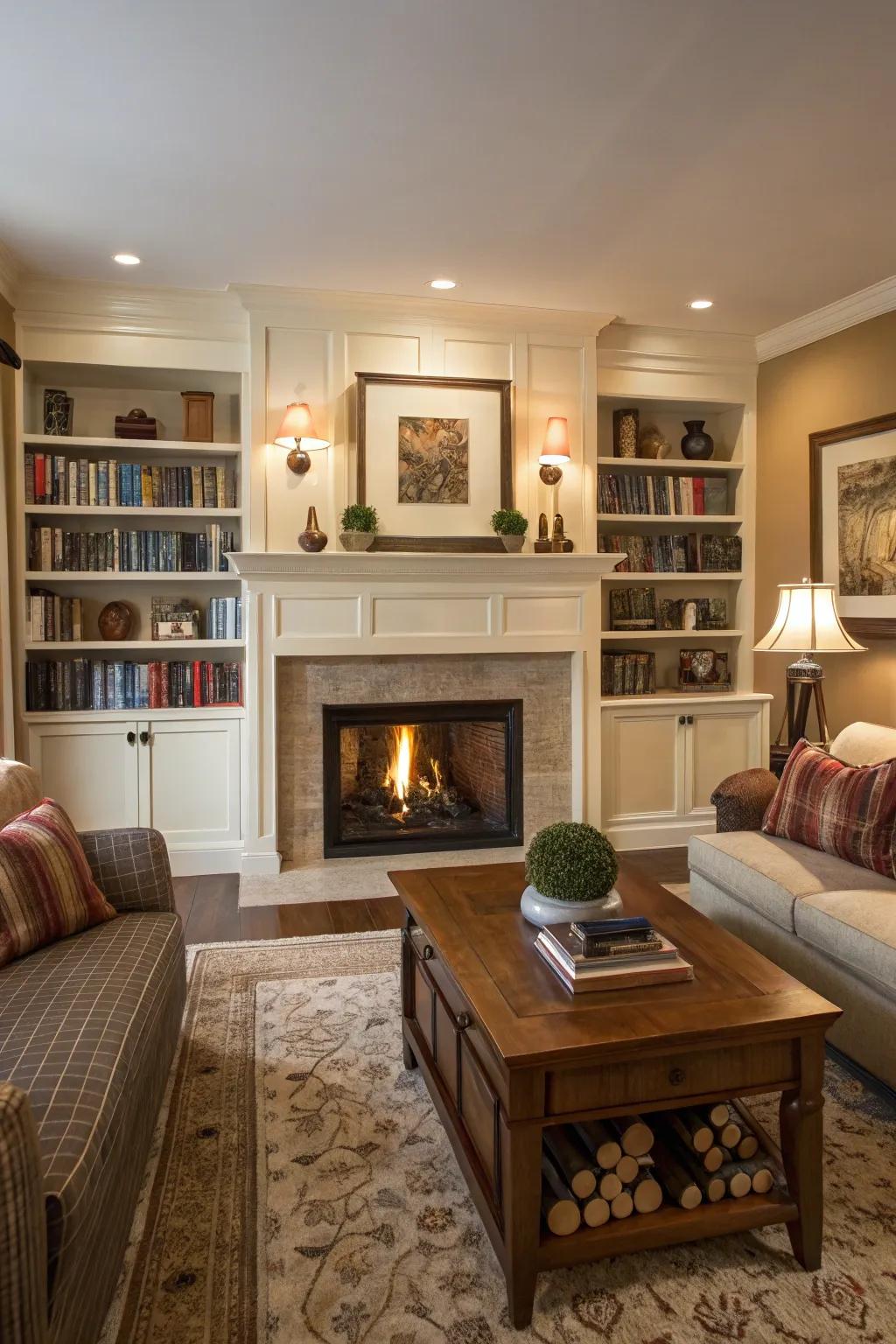 Built-in shelving adds functionality and style.