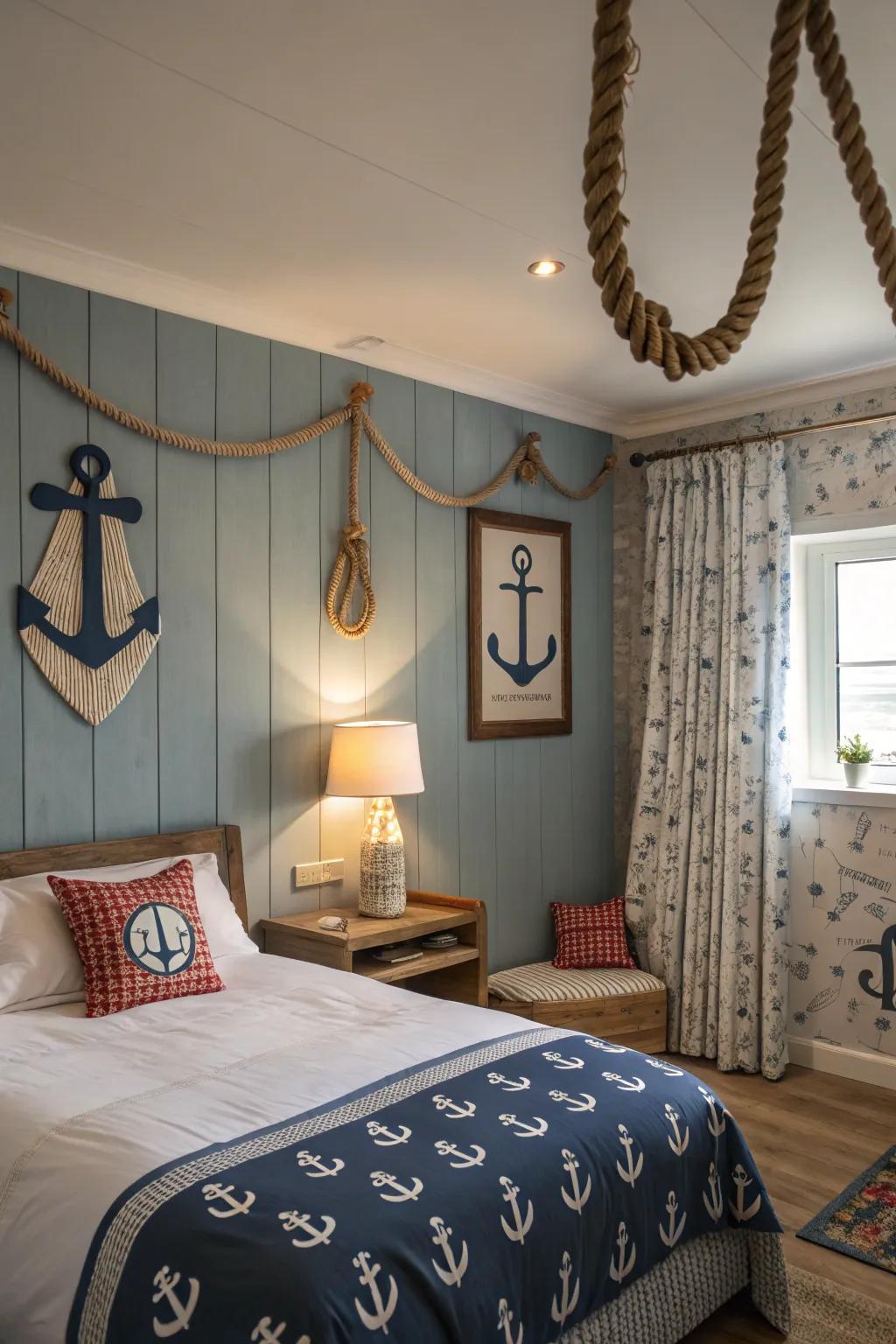 Tie and grapnel accents unify the nautical theme.