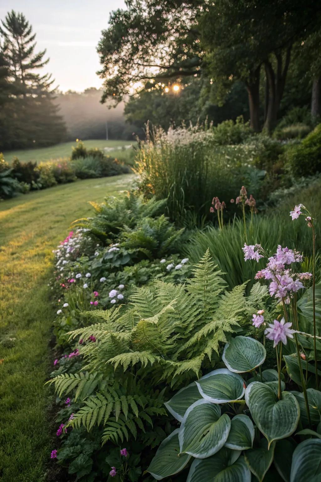 A verdant floral border in a shaded locale showcasing shade-tolerant plants like ferns and hostas.
