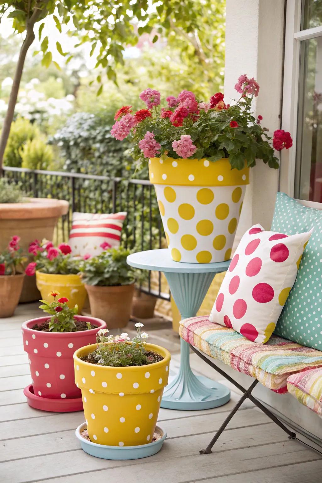 Convey playful enchantment onto your expanse through patterned dot floral receptacles.