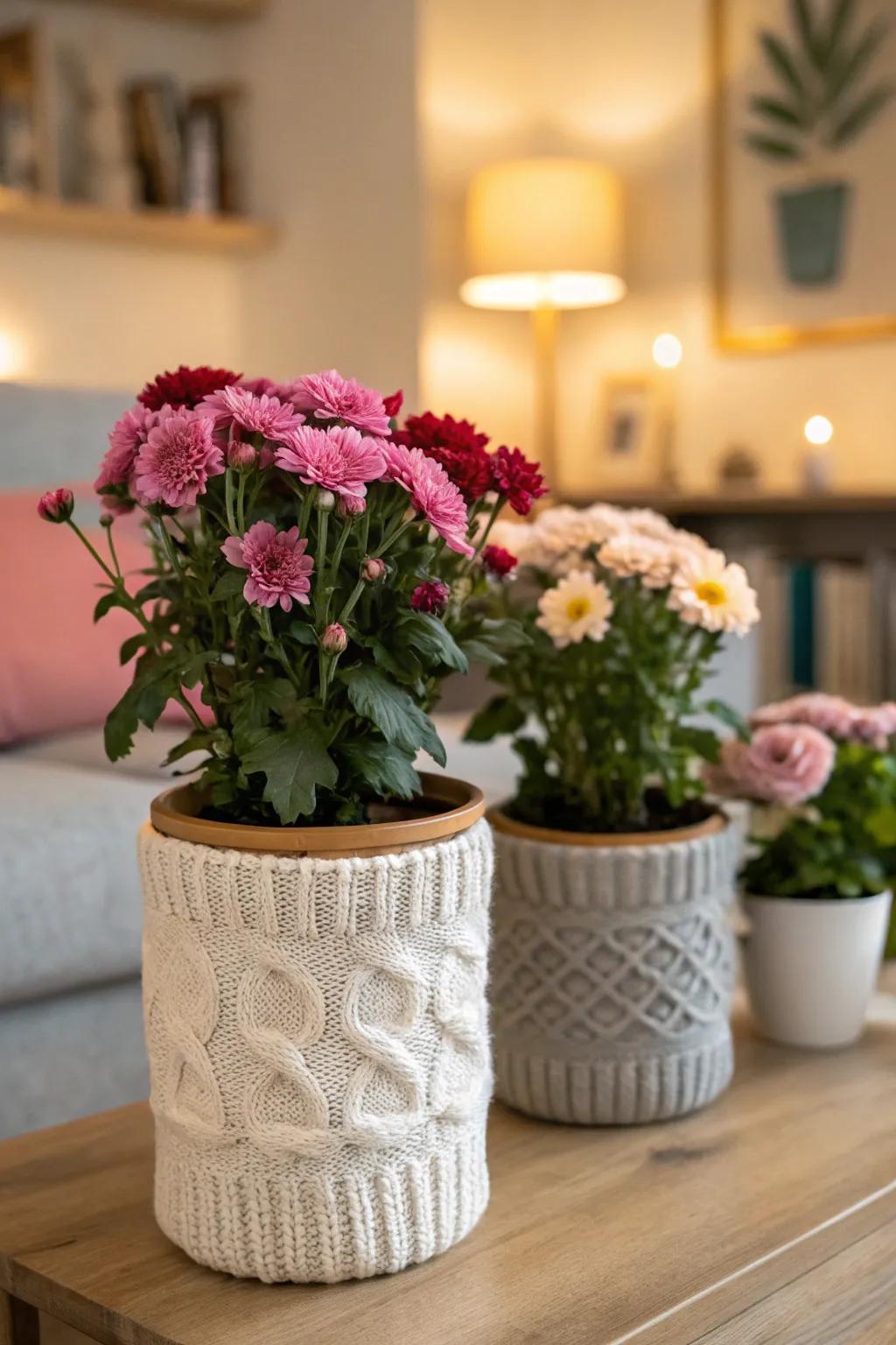 Sweater-wrapped flower containers adding warmth and texture.