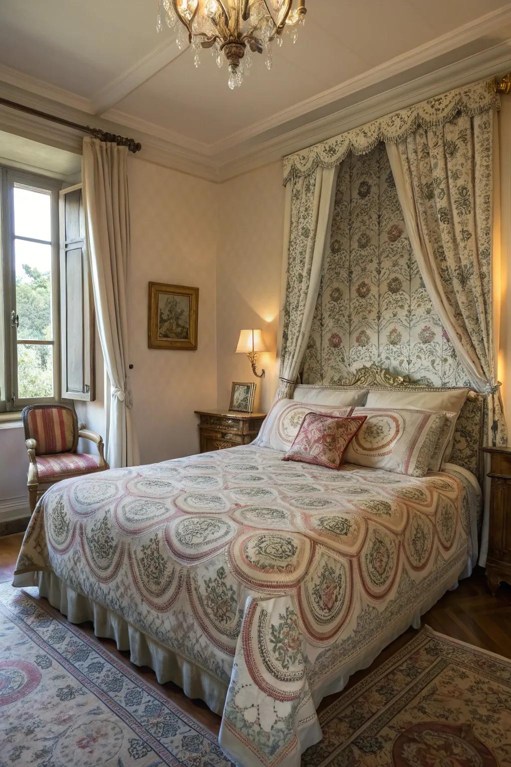 French themed bedding showcasing intricate patterns enhances elegance.