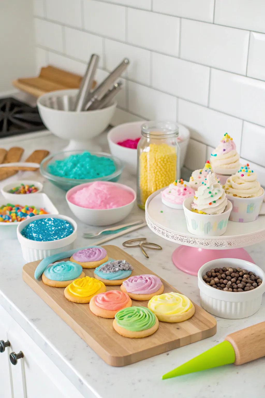 A pastry embellishment area that stimulates creativity at Friendsgiving.
