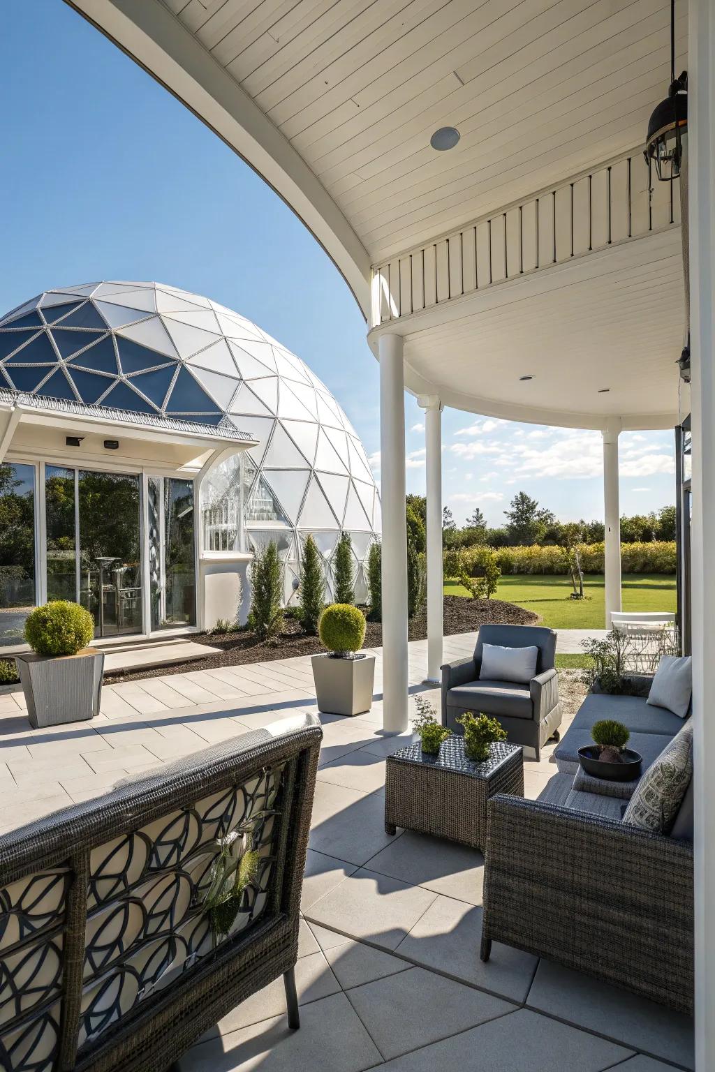 Geodesic cupola shelters extend a futuristic design.