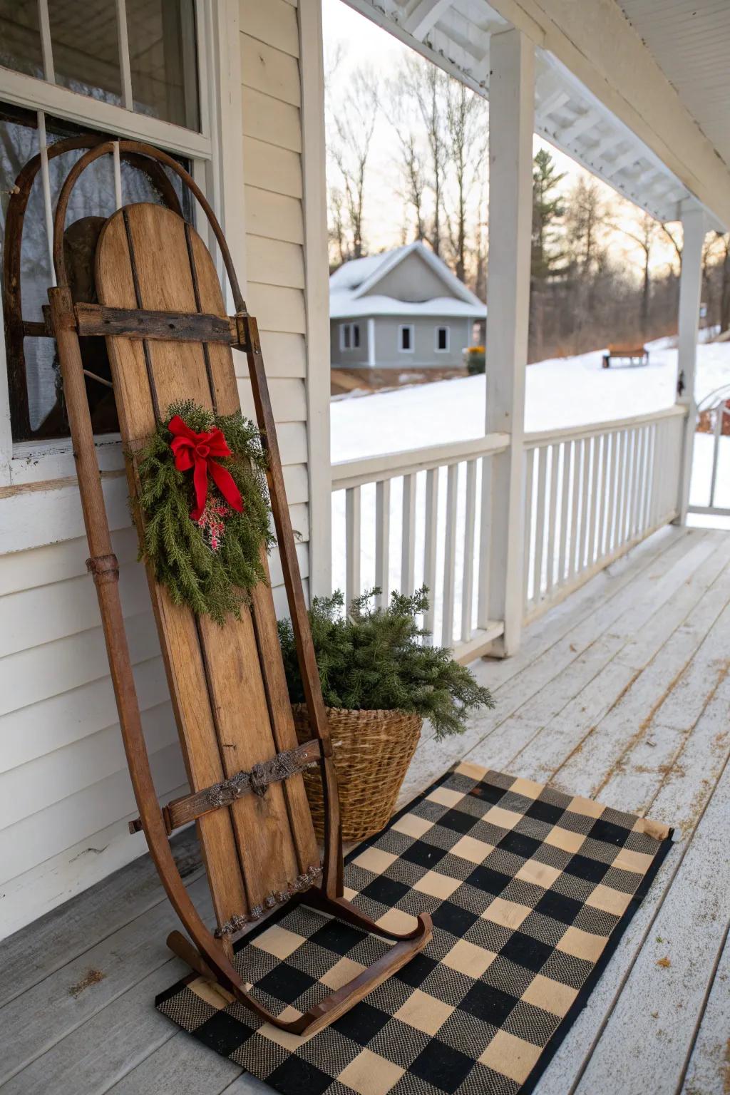 A vintage sleigh imparts nostalgic charm to your porch decor.