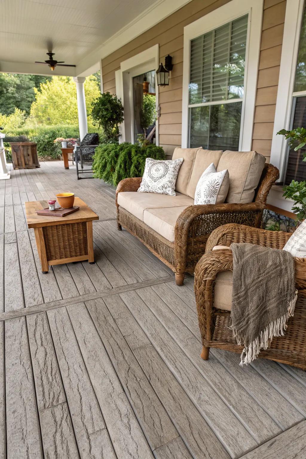 Artificial wood concrete offers rustic charm.