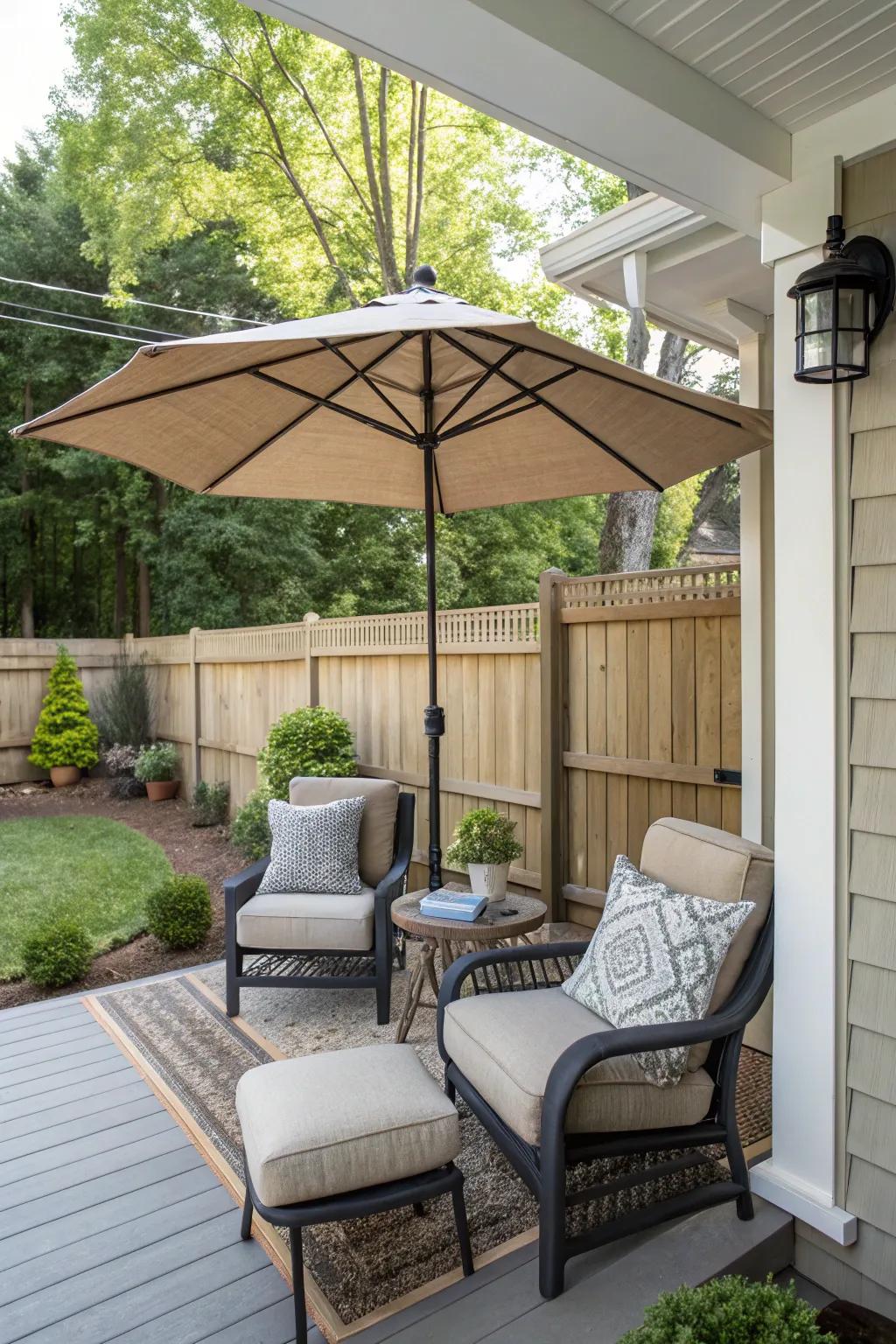 A patio parasol delivers shade and privacy on a stylish front porch.