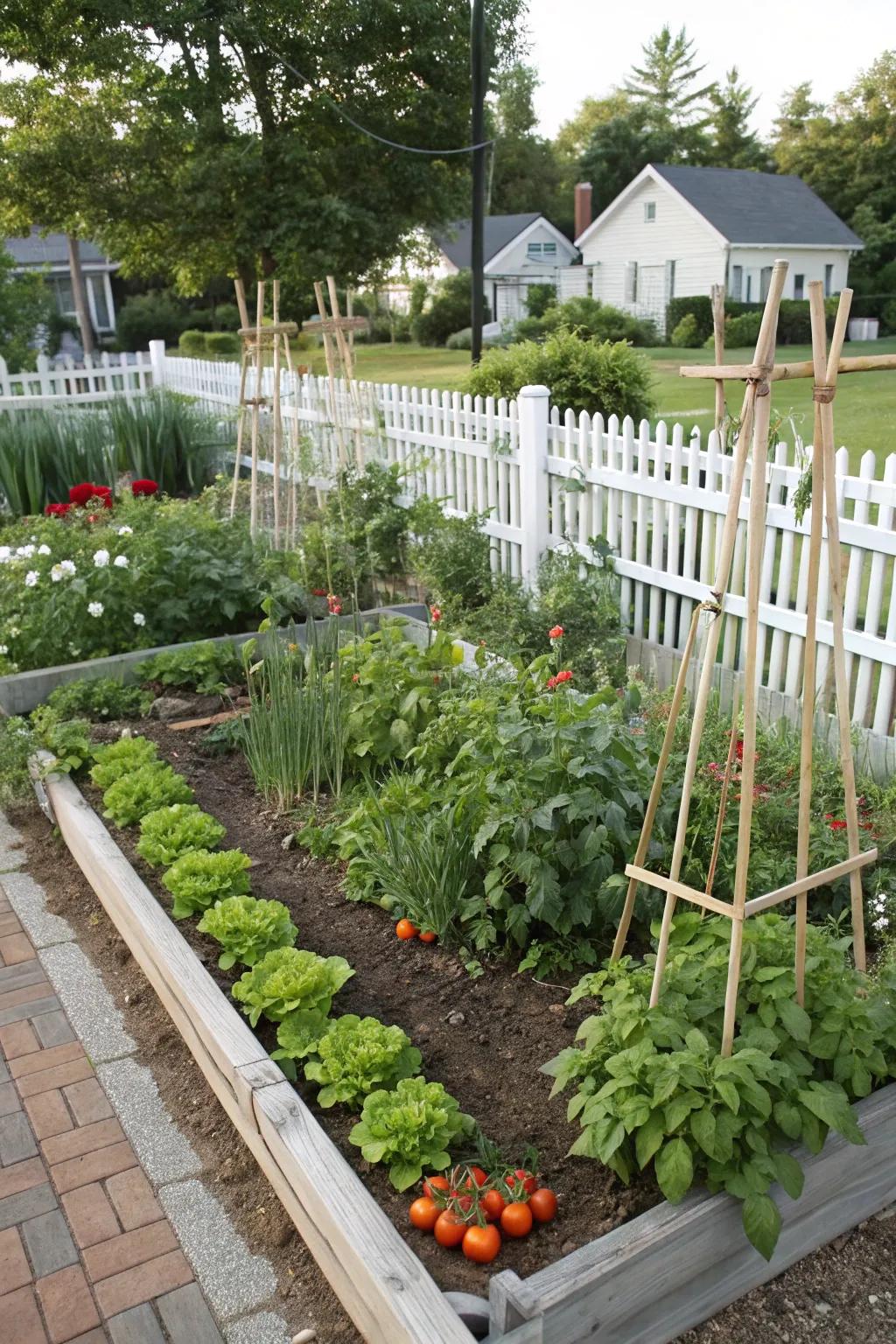 A corner lot garden integrates herbs and vegetables for both aesthetic charm and utility.