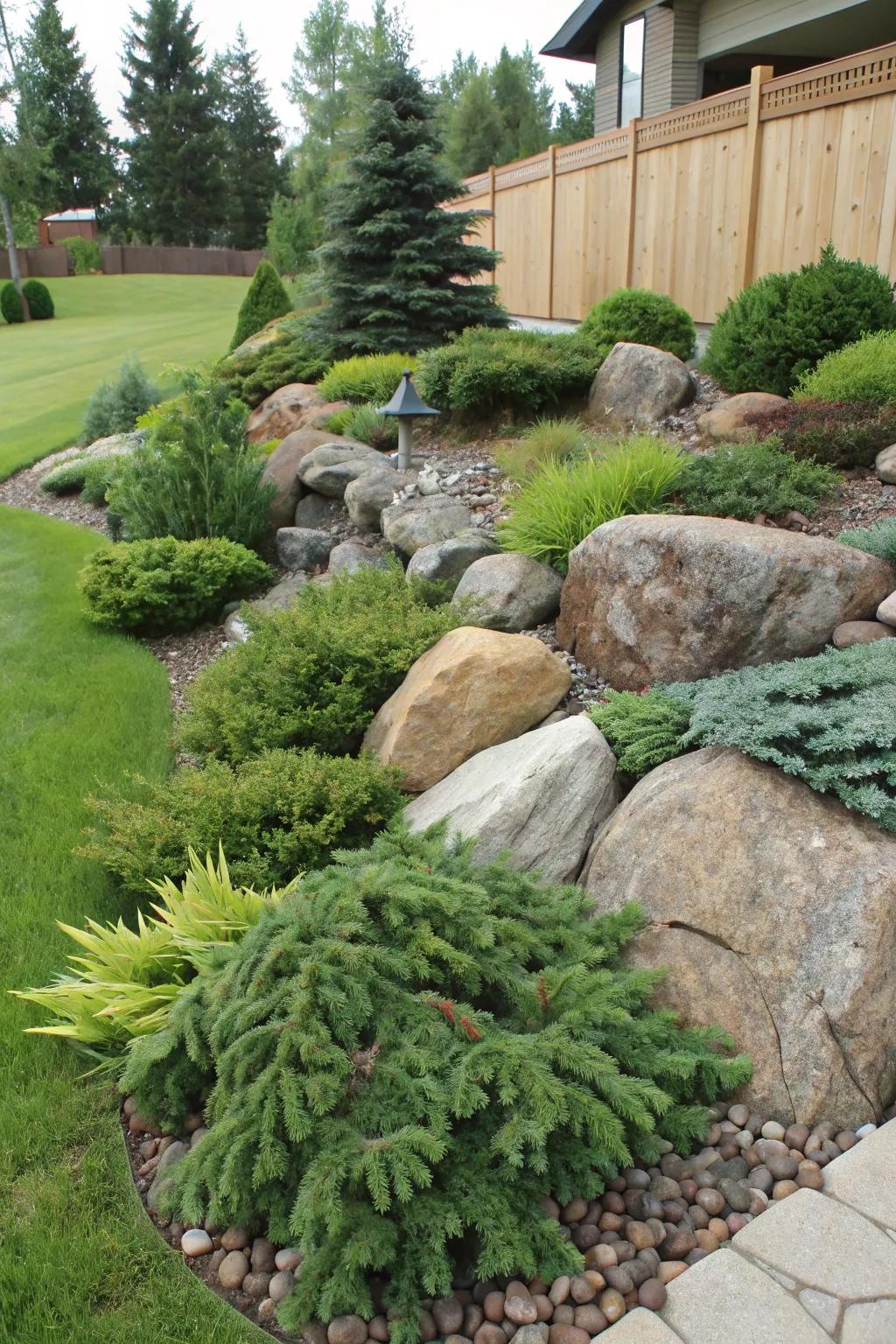A rock garden with evergreens adds texture and interest.