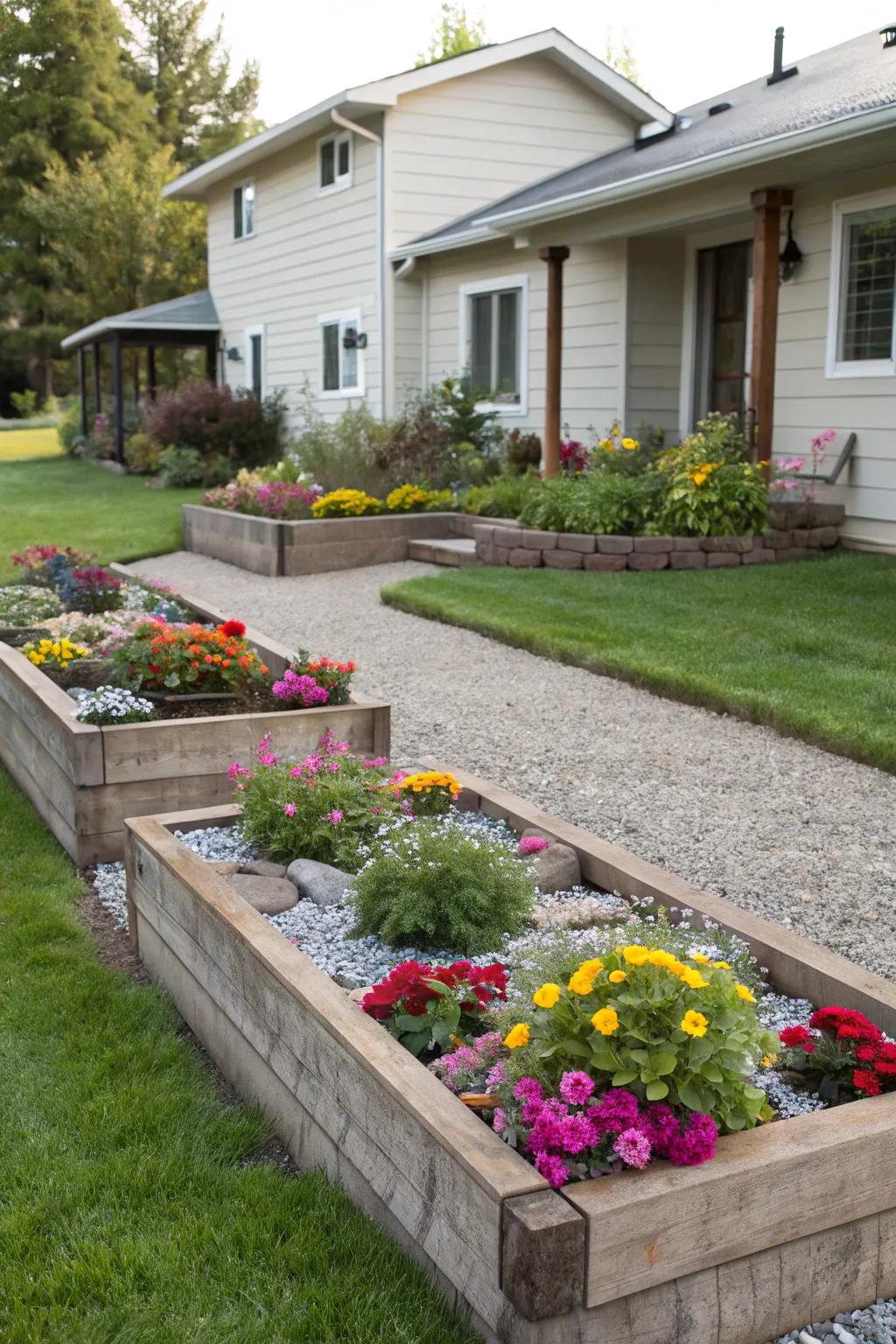 Elevated planting spaces filled with gravel and blooms create visual interest.