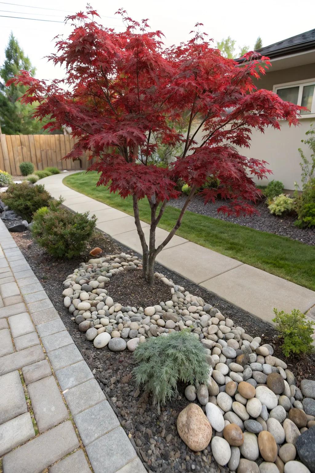 Decorative stones enhance the zen-like atmosphere around the Japanese maple tree.