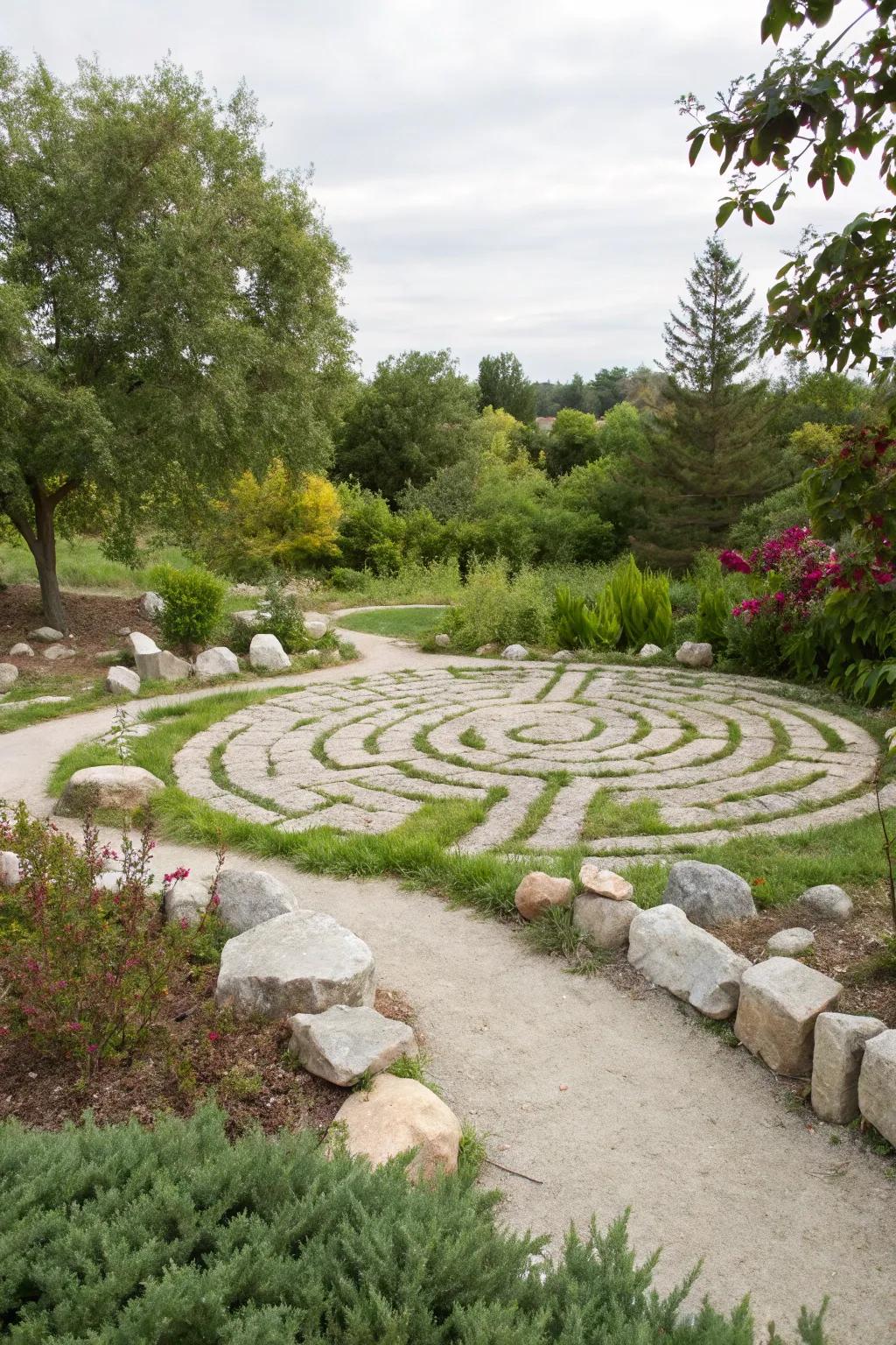A labyrinth crafted from pure rocks offers a meditative journey.