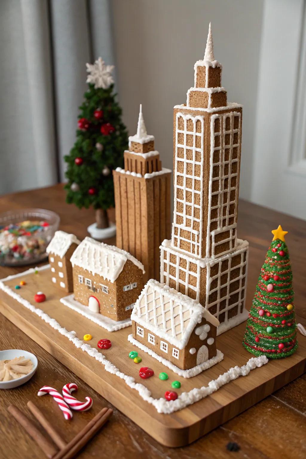 A miniature gingerbread cityscape