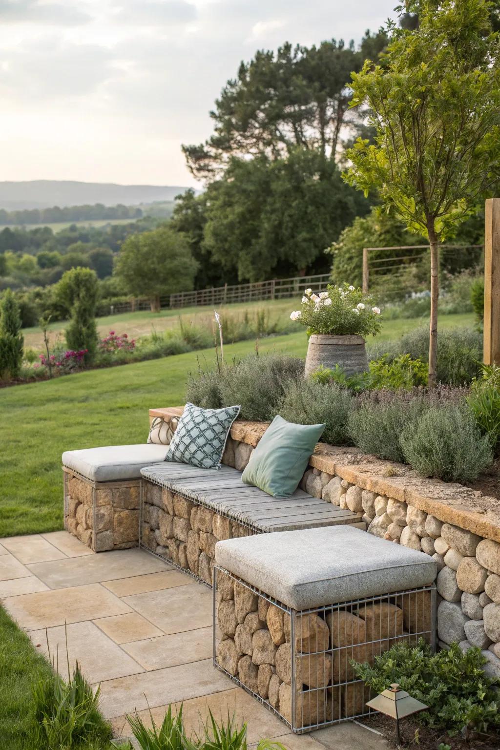 Craft a chic seating area with gabion benches.