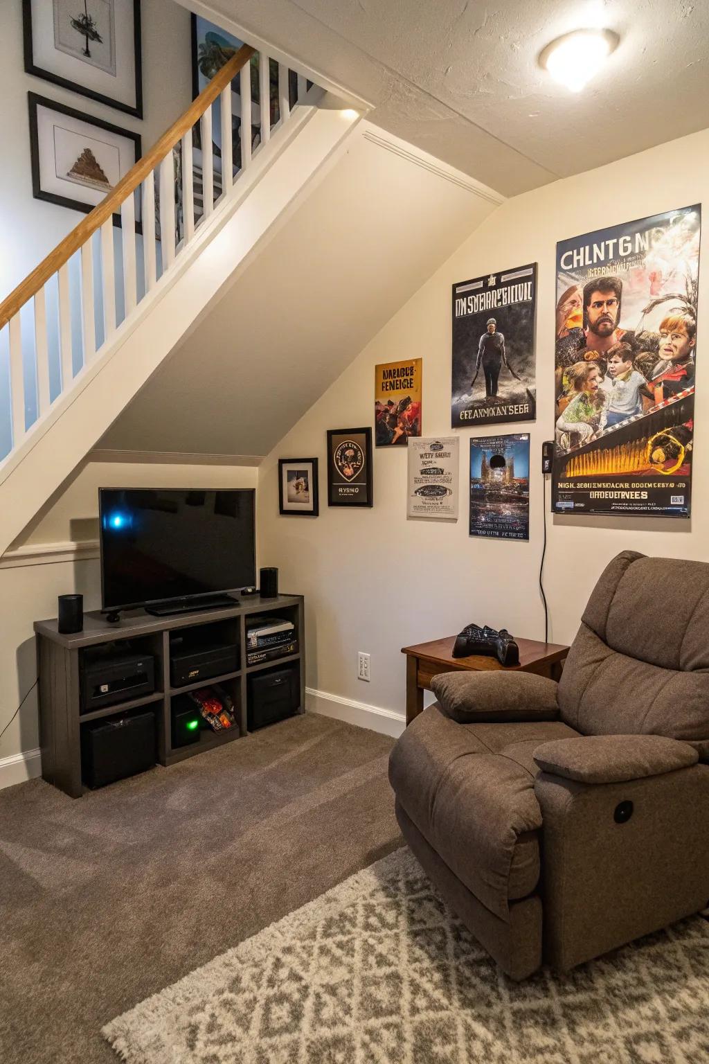 A gaming alcove beneath the staircase creatively maximizes space.