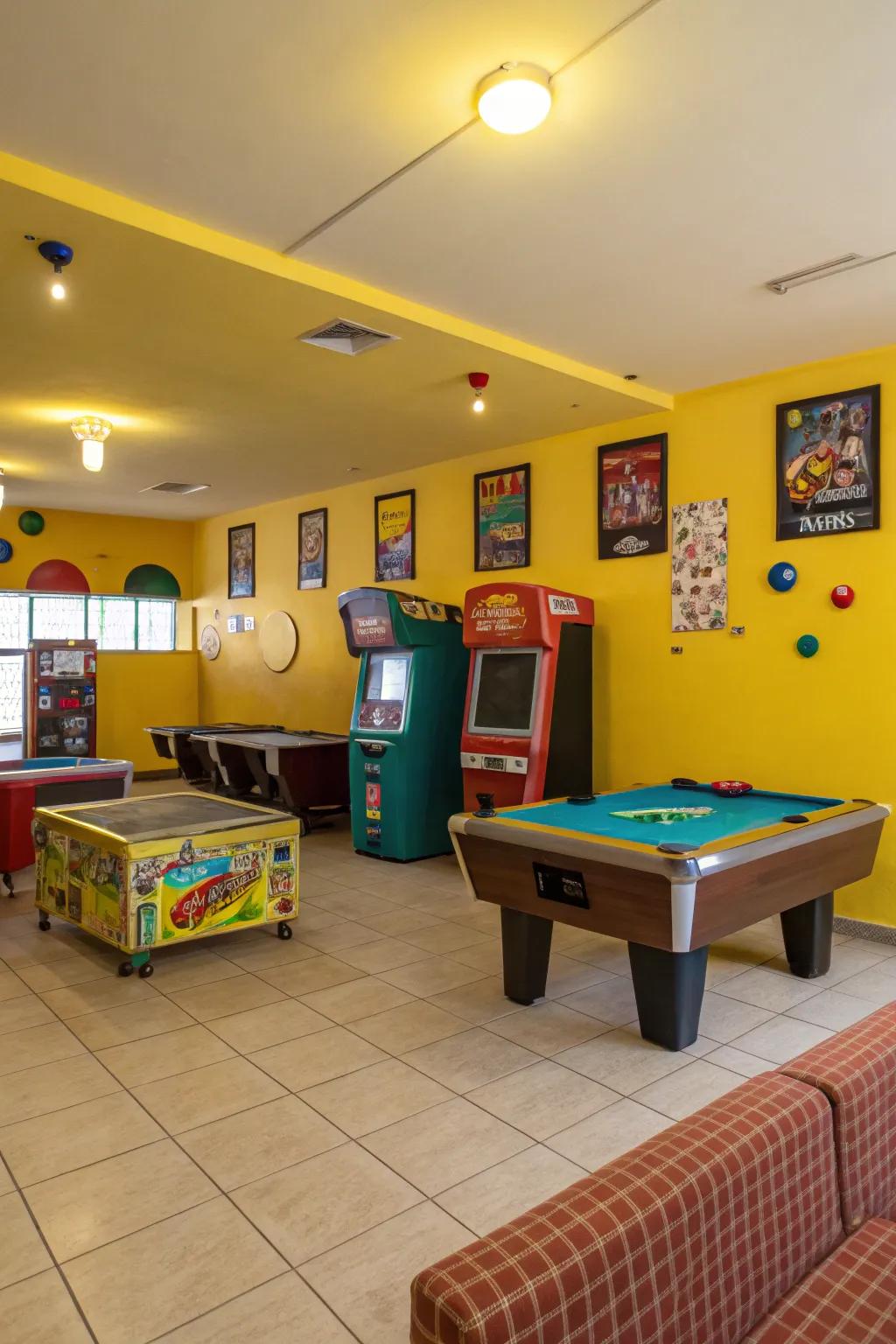 Vibrant yellow walls add a cheerful and invigorating vibe.