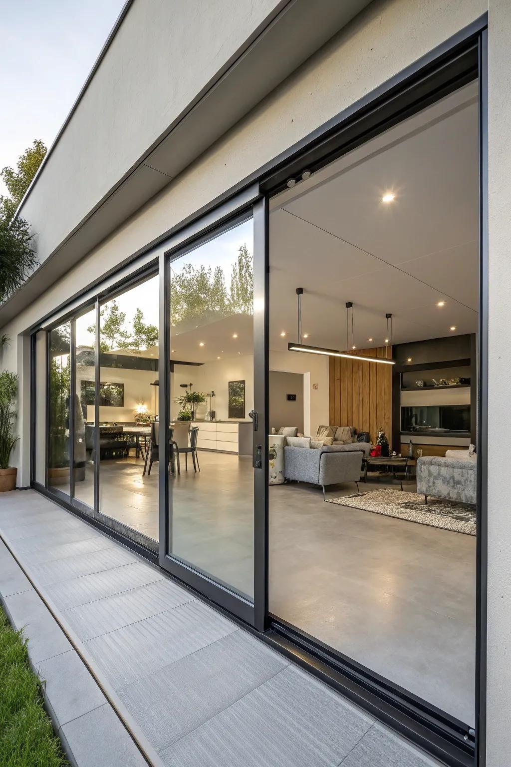 Gliding panels conserve area and inject a contemporary touch.