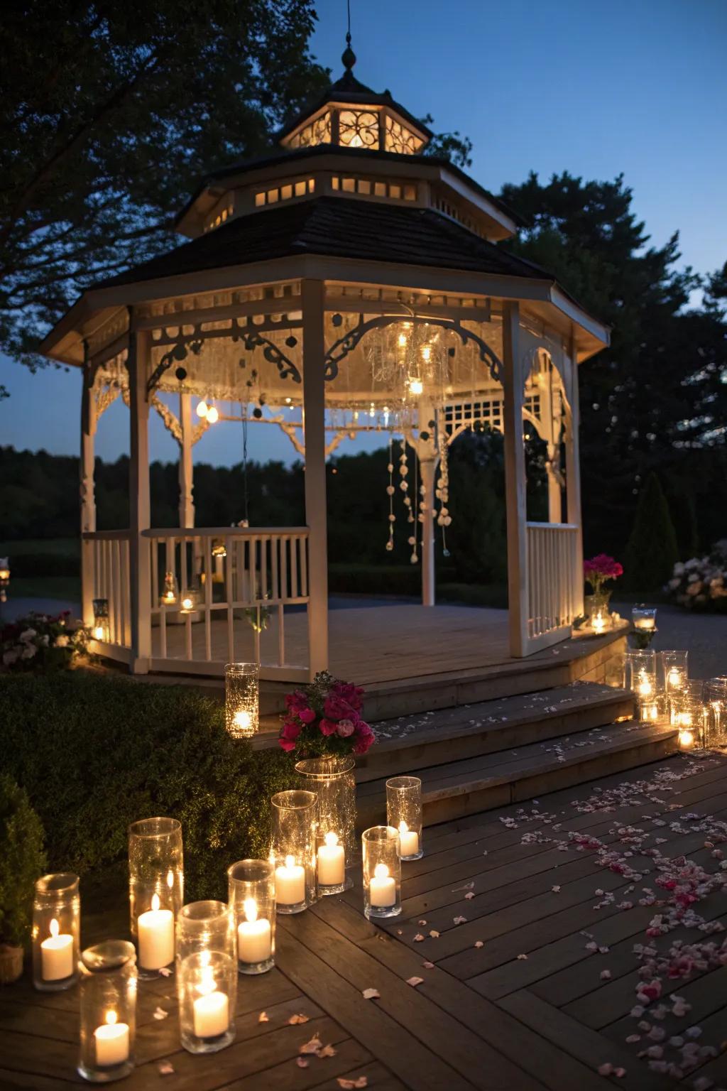 Suspended lights emit a gentle, romantic glow.