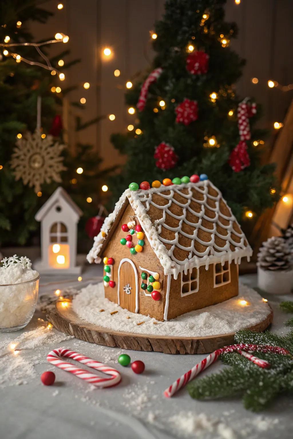 A gingerbread roof with woven sweet root lacework.