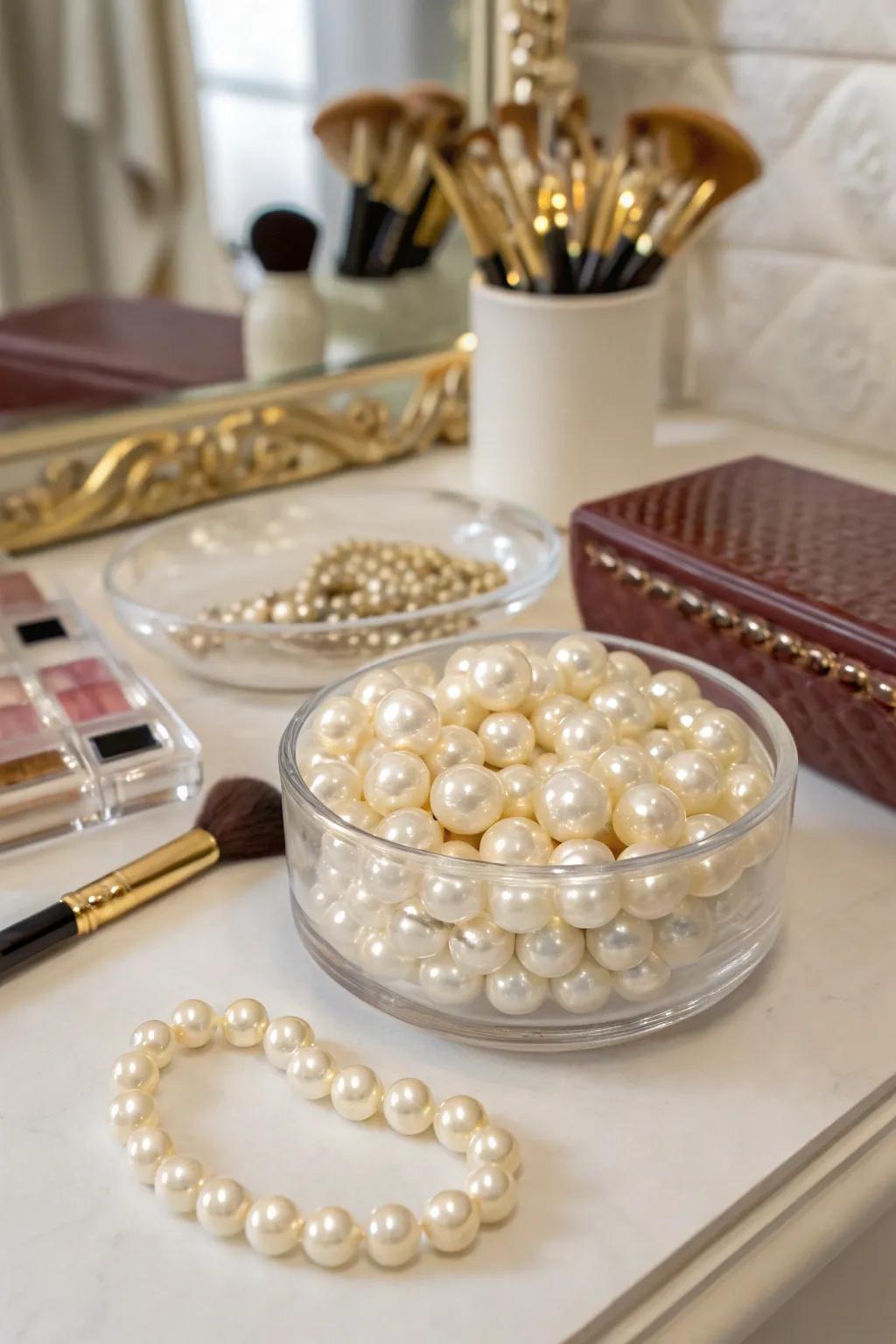 Luxurious sophistication featuring pearls within a glass bowl.
