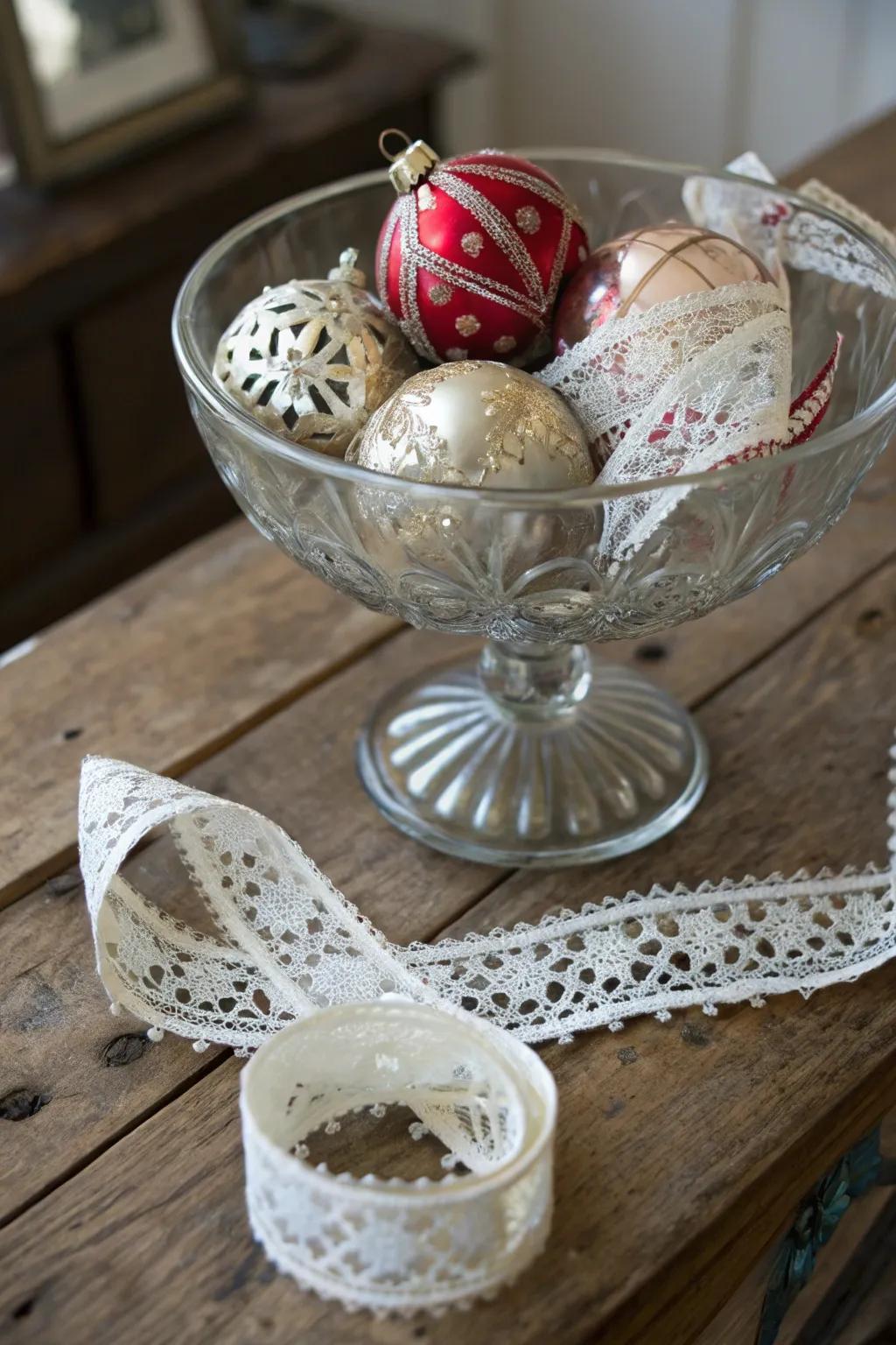 A venerable vibe, evidenced by nostalgic ornaments nestled within a crystal vessel.