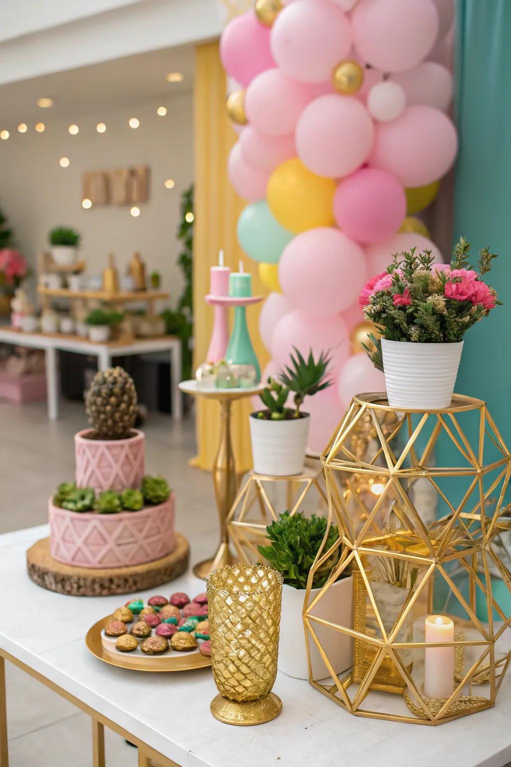 Modern geometric gilded decor adding a contemporary flair.