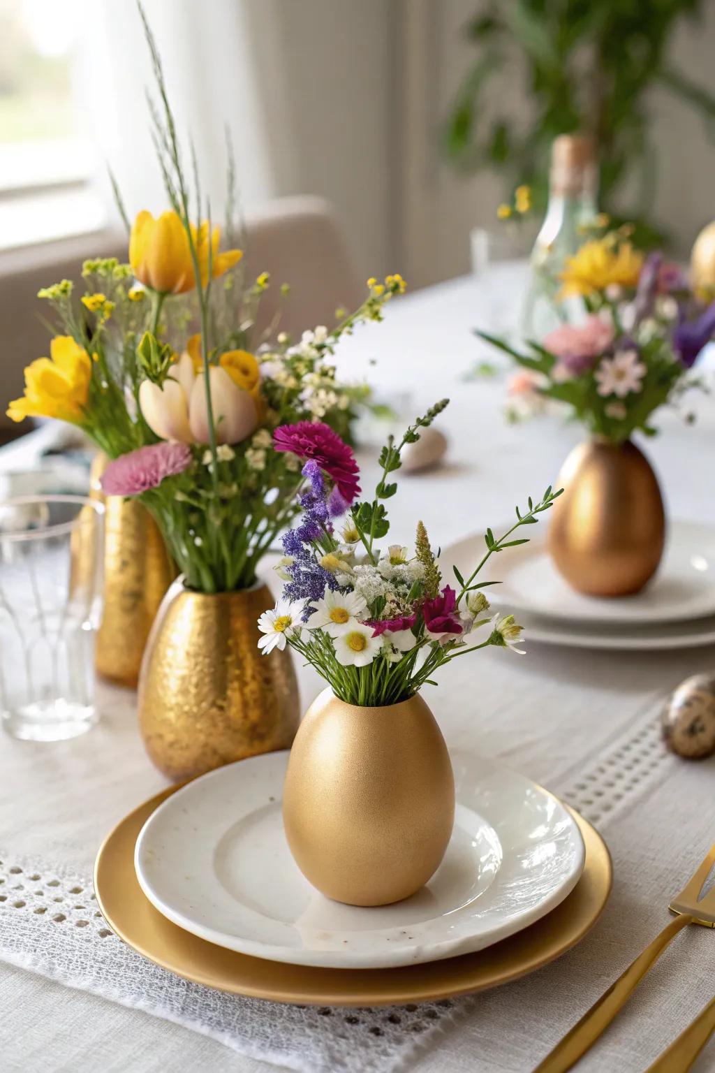 Gilded egg vessels offer a revitalizing floral accent to your ornamentation.