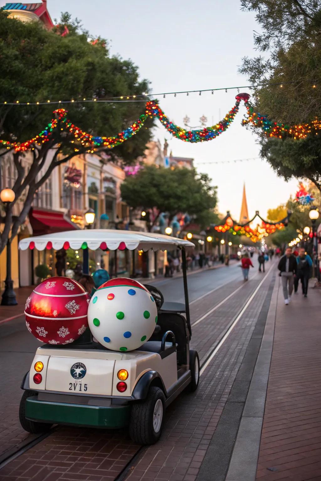 A golf cart overflowing with ornamental merriment.