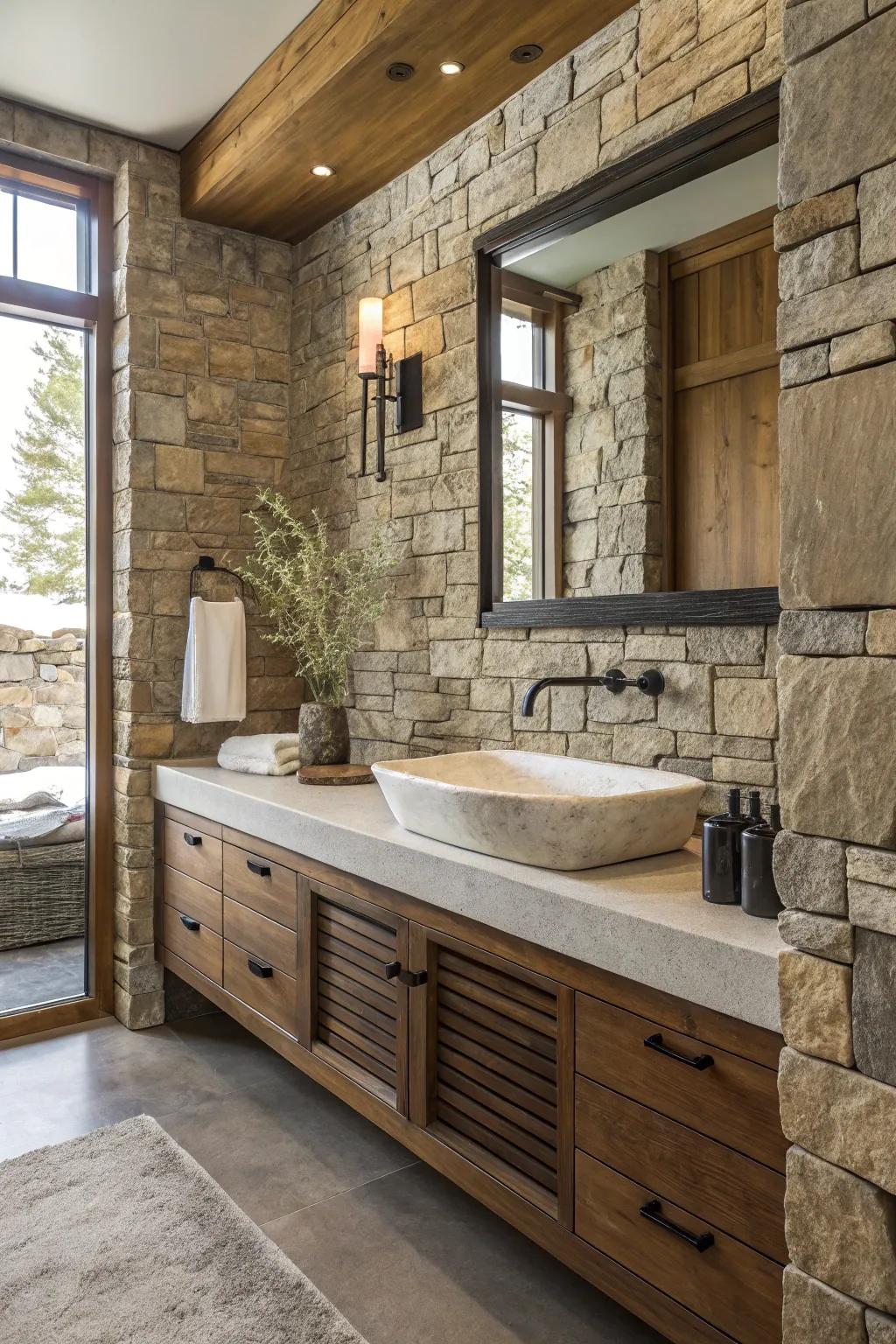 Stratified consistencies append profundity including fullness to the gothic bathroom.