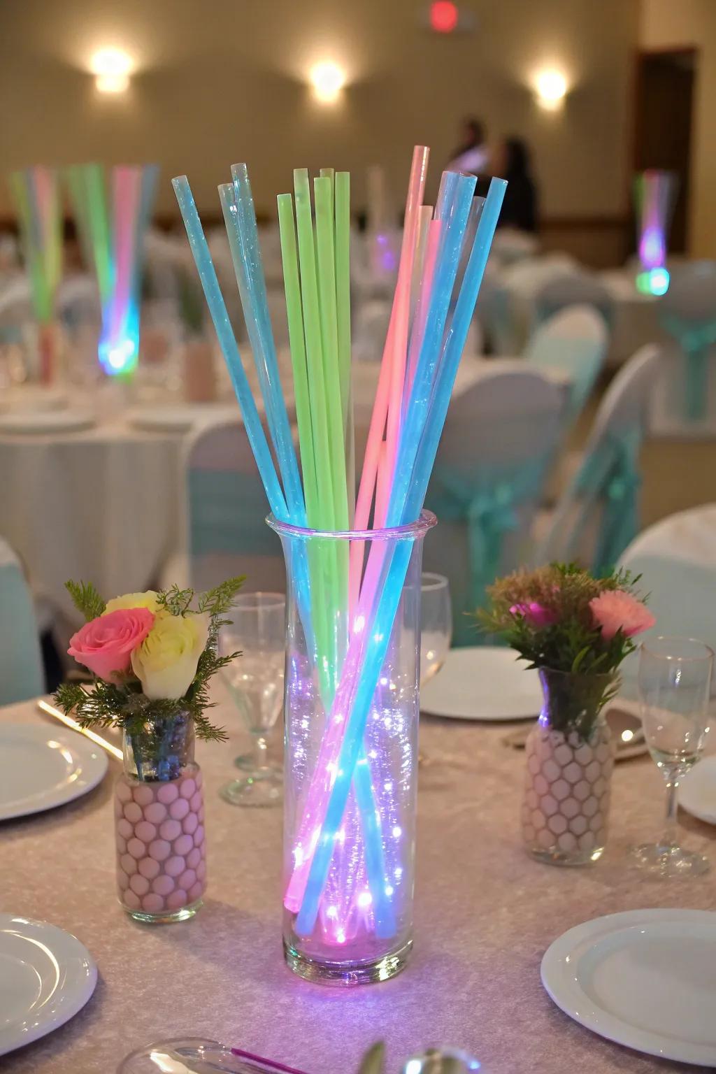 Radiant rod vessels create a vibrant centerpiece.