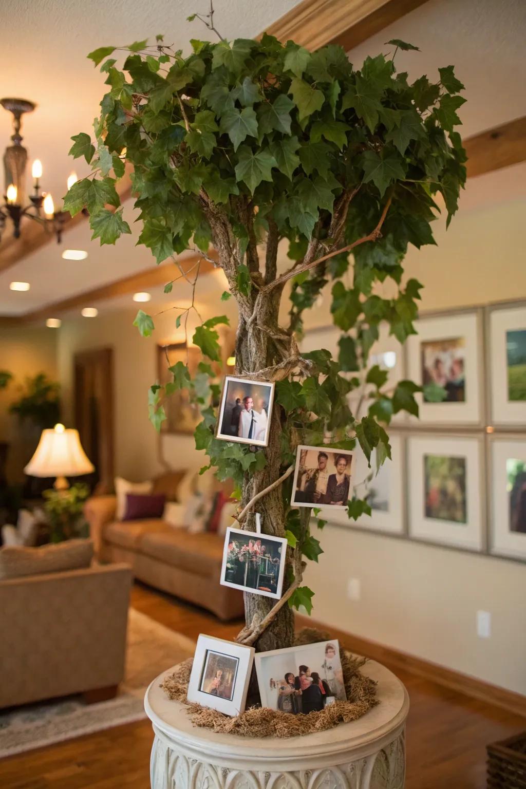 A grapevine tree ornamented with family photographs, culminating in a personalized memory tree.