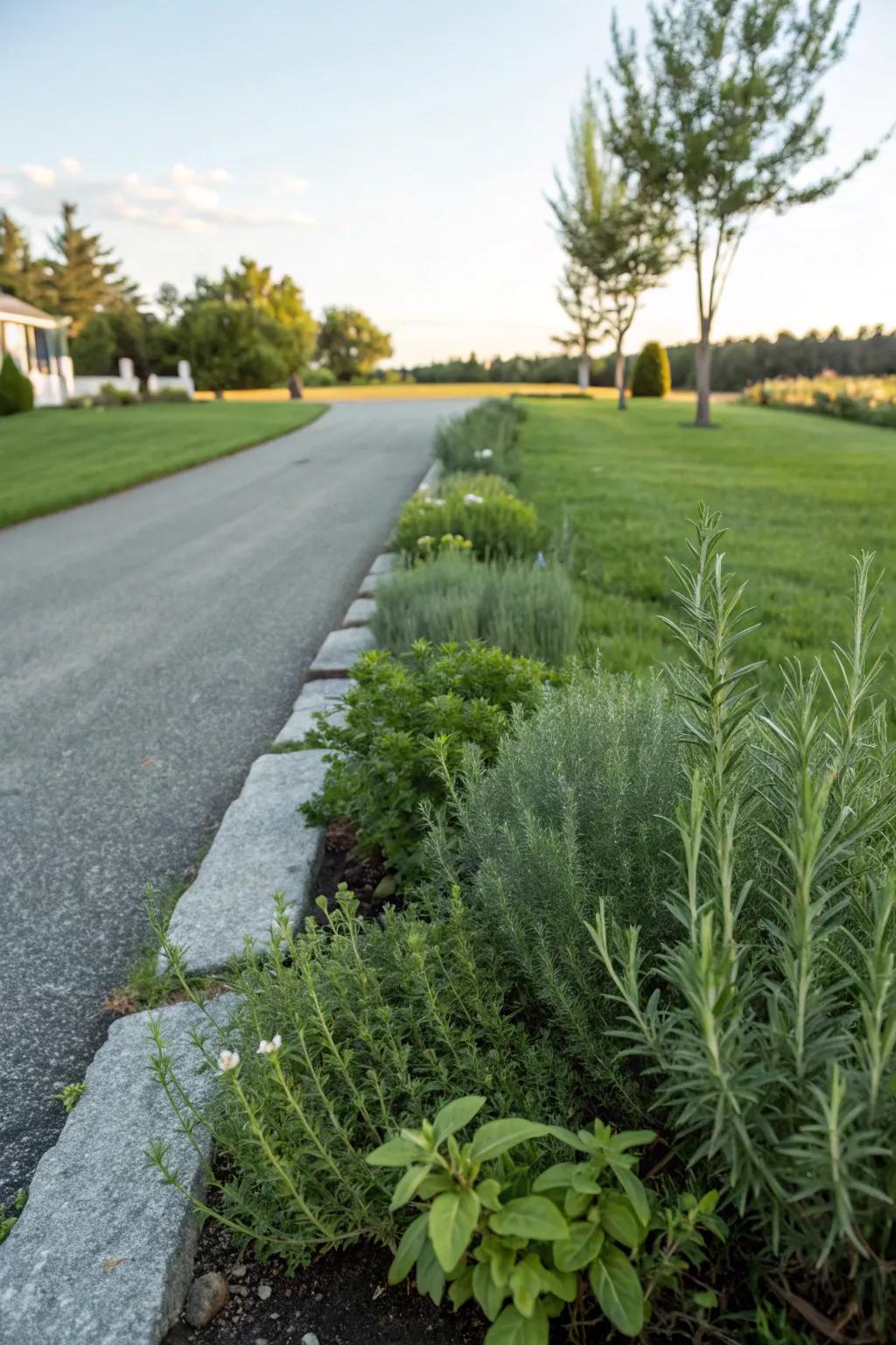 Herbs framing the turf introduce fragrance and charm.