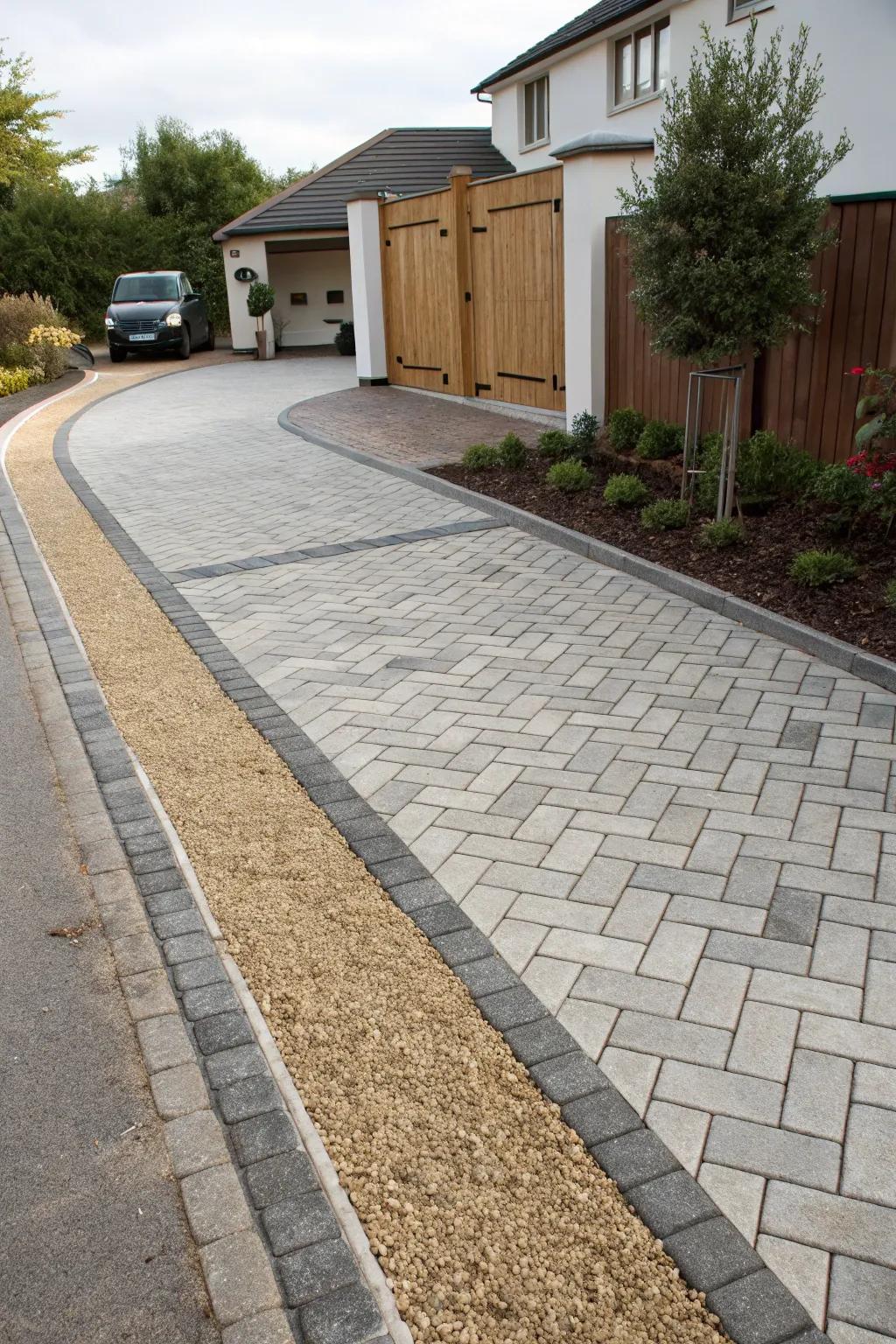 Modern pavers converge with traditional gravel in a harmonious mix.